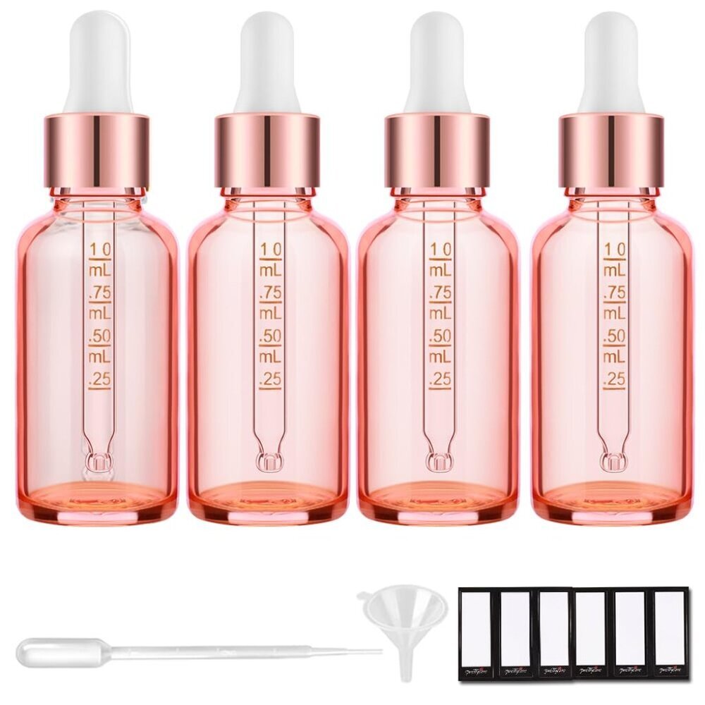 4 Pack 1oz Dropper Bottles for Essential Oils with Labels, Funnel & Measured Pip